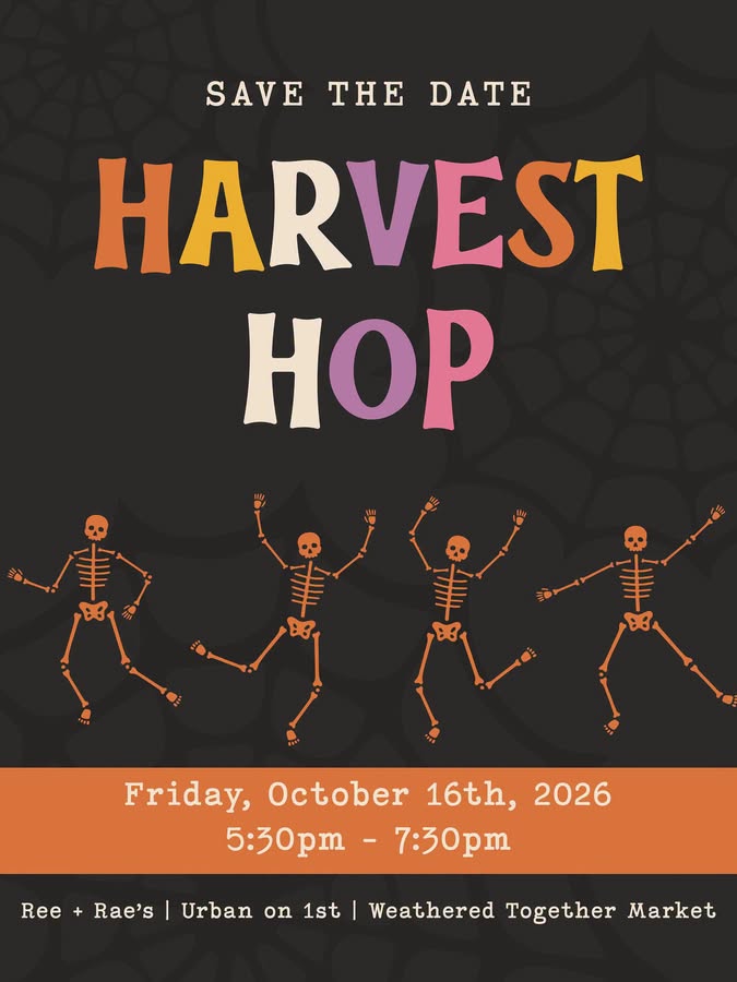 Harvest Hop event graphic for October 16 featuring dancing skeletons and participating Downtown Albany businesses.