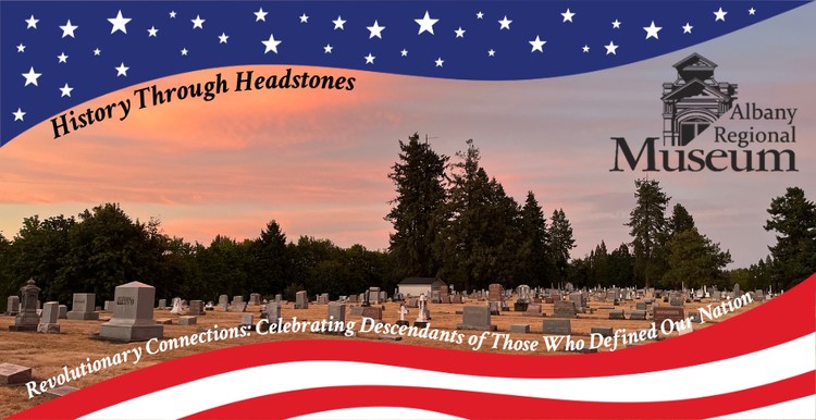 History Through Headstones graphic featuring Riverside Cemetery at sunset with a patriotic red, white and blue design.