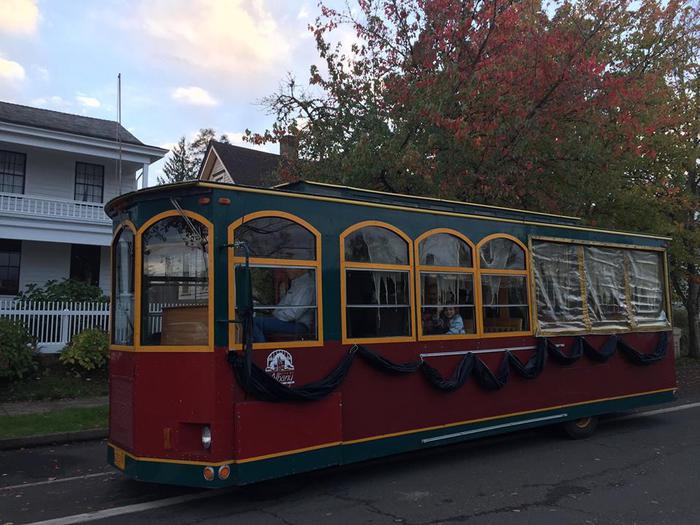 Historic Albany trolley decorated for Trolley of Terror.