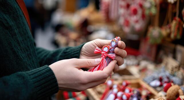 Shopper holding handmade Christmas ornaments at a holiday market.