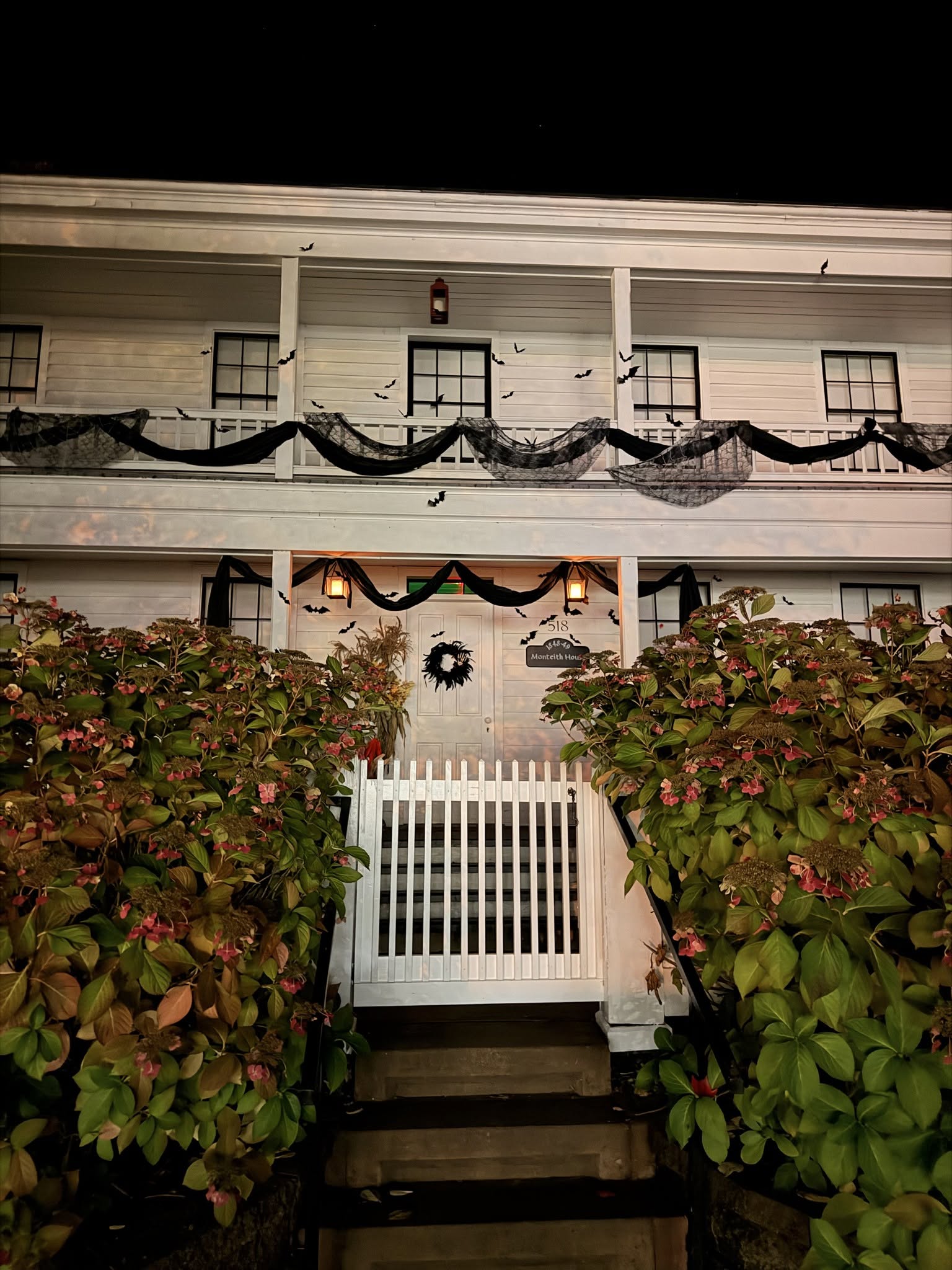 Front of the historic Monteith House decorated for Halloween.